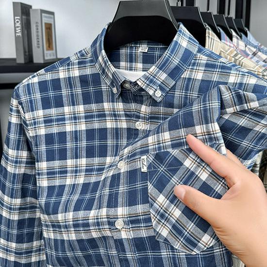 Herr Premium Långärmad Rutig Bomullsskjorta: Nedvikt krage, Vår/Höst Business Casual