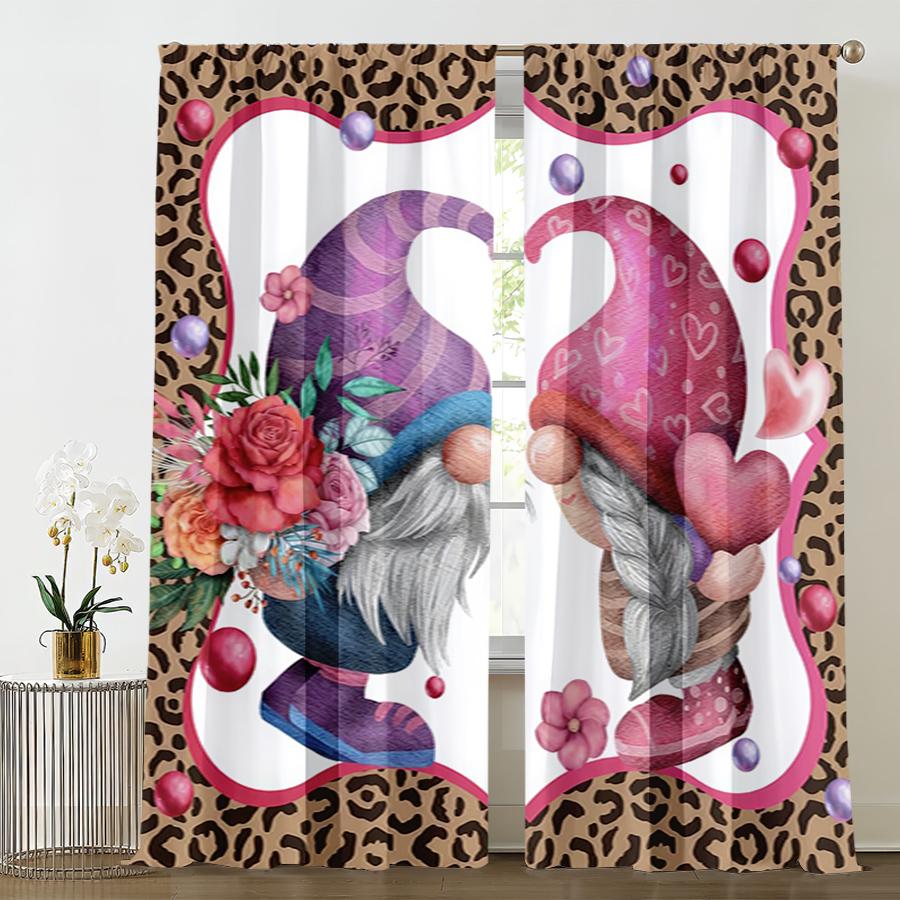 2PCS Leopard Print Heart-shaped Gnome Curtains   Sweet and Cool Style   Bedroom and Living Room   Decorative with Drawbar Pockets