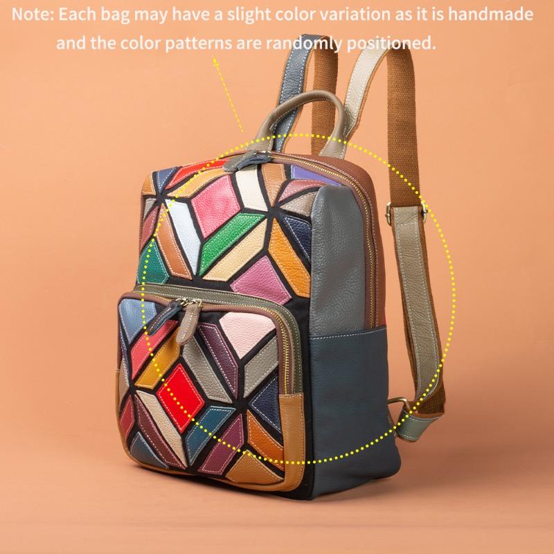 Designer Leather Women s Bag Artistic Bohemian Geometric Contrast Light Casual Backpack
