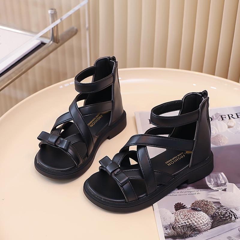 Girls Sandals Back Zipper Kids Roman Sandals Soild Color Versatile 2025 Summer New Children Princess Shoes Simple Bowtie Sweet
