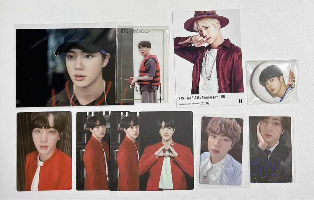 [USED] BTS Jin trading cards, photos, badges, bromides