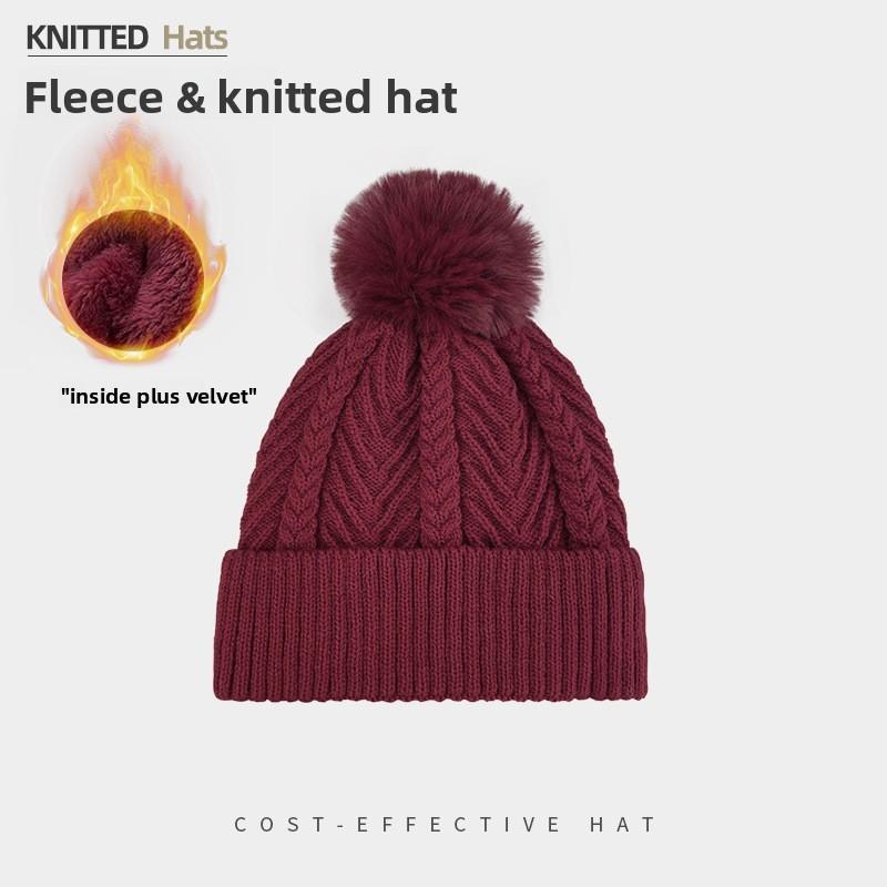 Knitted Winter Hat For Women With Solid Color Design And Plush Ball Decoration