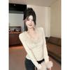 Slim-Fit Women's Top: Niche Solid Color, Fur Collar, Lace Splicing, Autumn/Winter New Arrival.