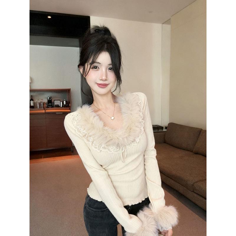 Slim-Fit Women s Top: Niche Solid Color, Fur Collar, Lace Splicing, Autumn/Winter New Arrival. M