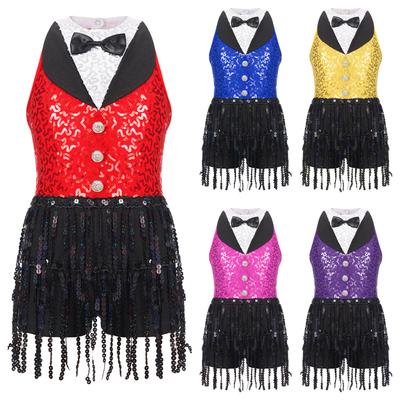 Girls Shiny Sequin Dance Outfit Sleeveless Design Keyhole Back Boyshorts Tassel Decor One Piece Dancewear