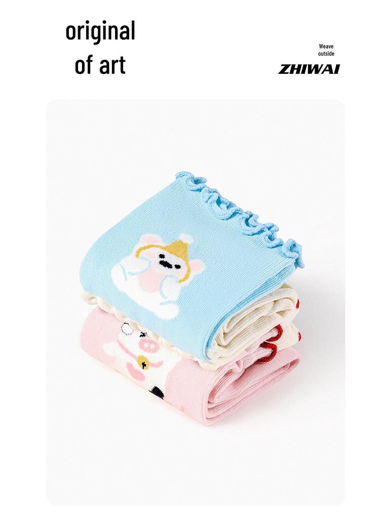 Cute Cartoon Lace Dot Yarn Socks - Women's Spring/Fall Mid-Calf Cotton Socks, Sweet Animal Design