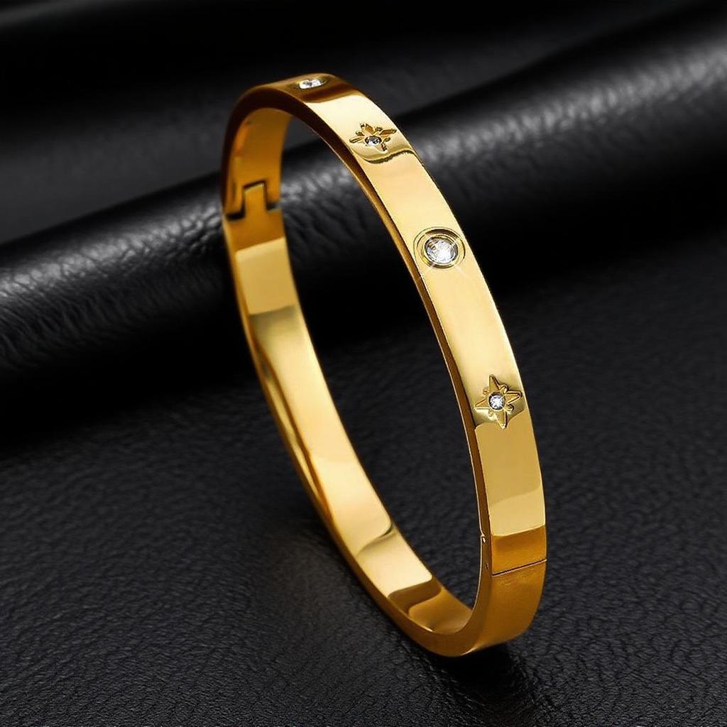 Women's Titanium Steel Bracelet with Inlaid Diamonds & Eight-Point Star, 18K Gold Plated, Fade-Resistant Stainless Steel.