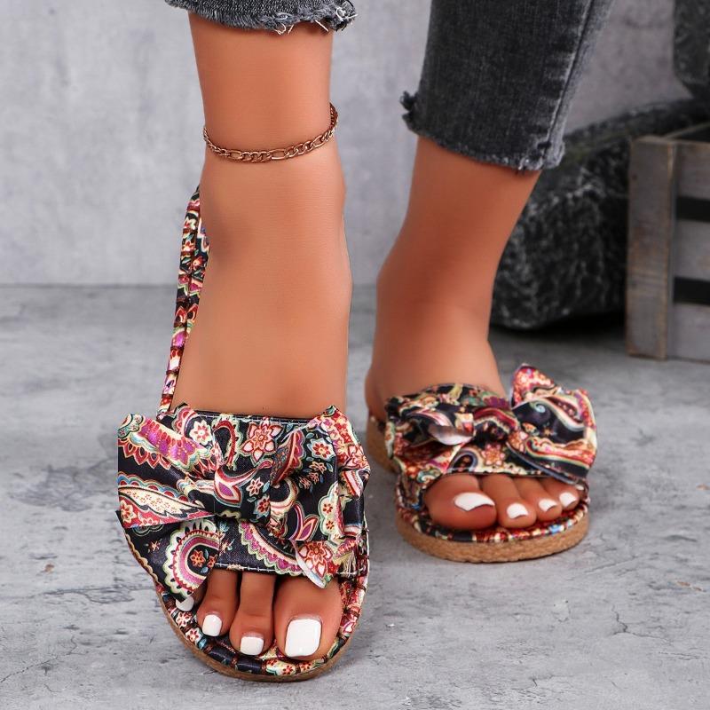 Wear large size summer new slippers flat bottom one word with bow flat heel women's cool slippers