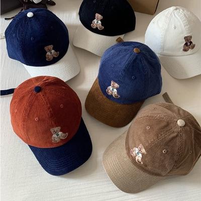 Cute Autumn and Winter Corduroy Bear Embroidered Baseball Cap for Women  Color Blocked Retro Baseball Cap for Men  Big Head Circumference for Slimming