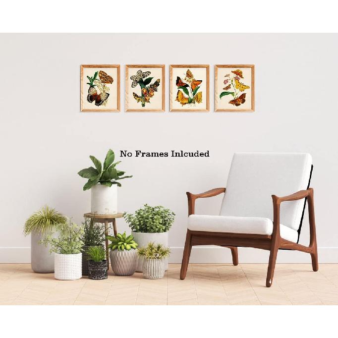 Retro Botanical Butterfly Wall Art, Vintage Canvas Prints, Floral Nature Aesthetic Posters for College Dorm Room Preppy Room Bedroom Decor, Set of