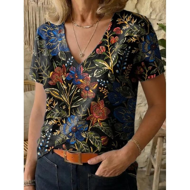 

Women s Vintage Stylish Casual V Neck Short Sleeve T-Shirt Floral Plants Graphic Print Regular Fit Daily Weekend Top for Summer S