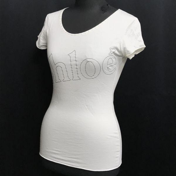 Chloe Made in Italy Logo Print Stretch Short Sleeve T Shirt White Women’s Size 40 M L(USED)