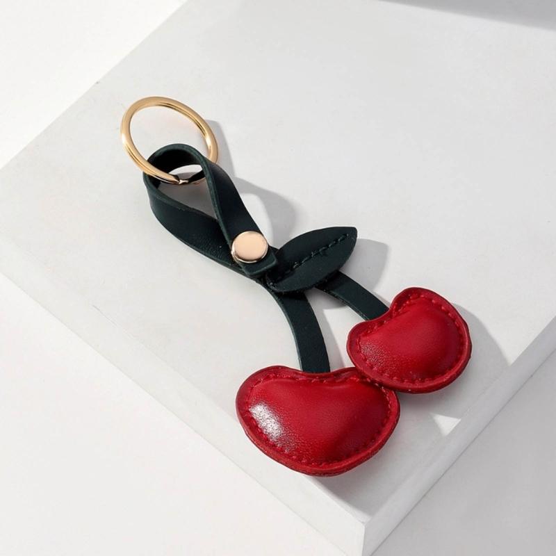 Creative Cherry Keychain Leather Fruit Double Heart Key Chain Pendant Bag Ornament Accessories for Car Key Bag Purse