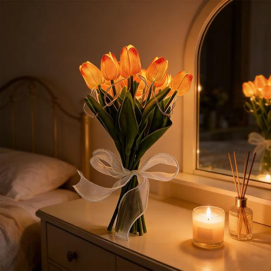 10Pcs Tulip Flower LED Lights USB Powered Warm Glow Faux Flower Lamp for Bedroom Living Room Wedding Decor Creative Ambient Night Light