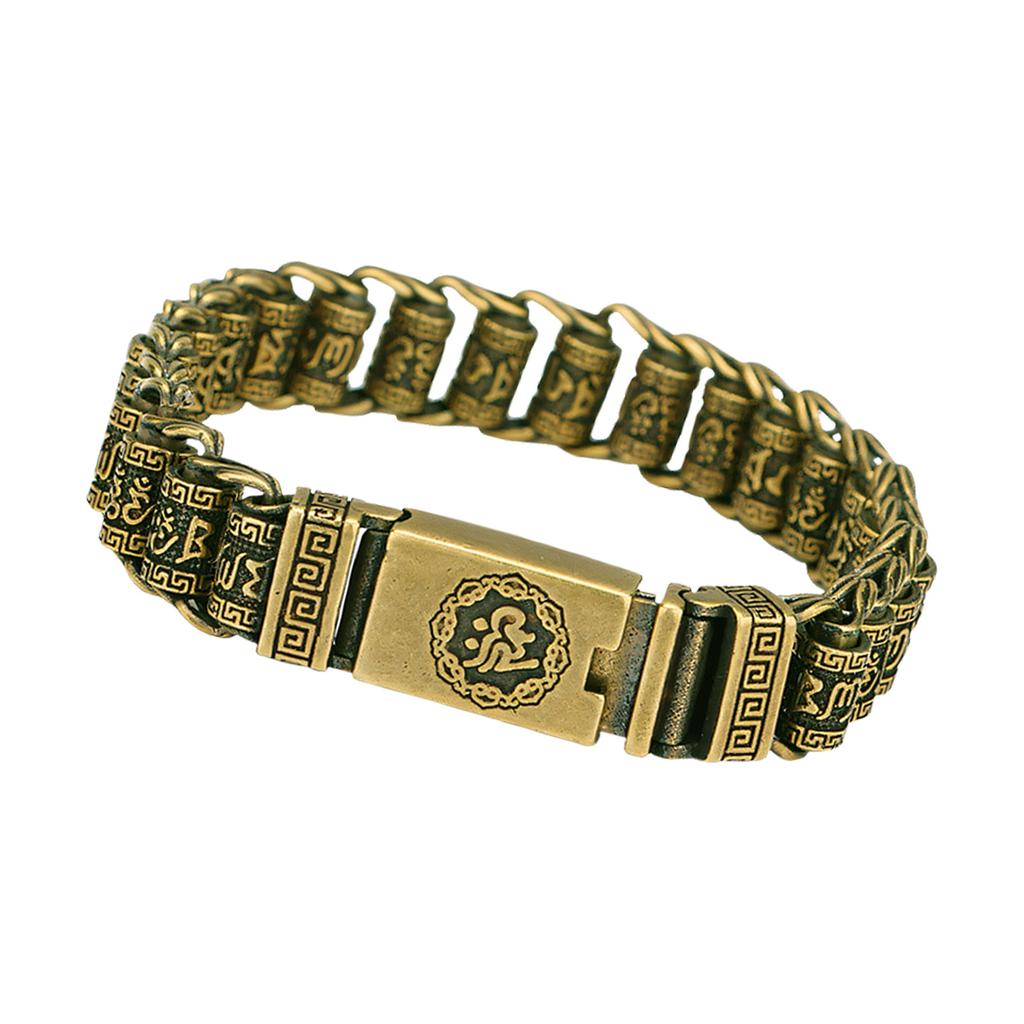 Unisex Tibetan Inspired Brass Bangle With Cultural Symbolism And Adjustable Fit Traditional Blessing Accessory