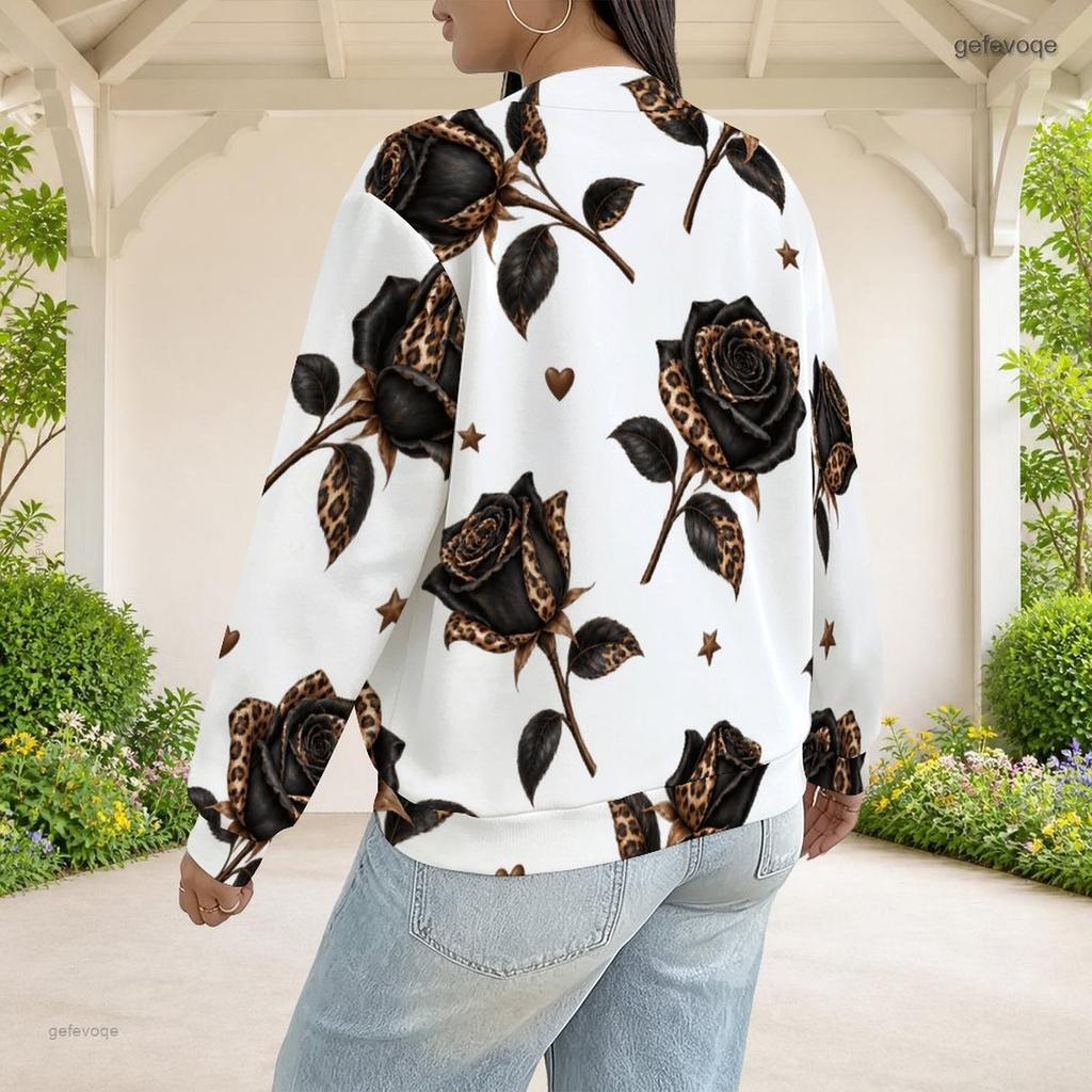 Women Plus Size White Leopard Star Heart Printed Long Sleeve Baseball Collar Jacket With Pockets