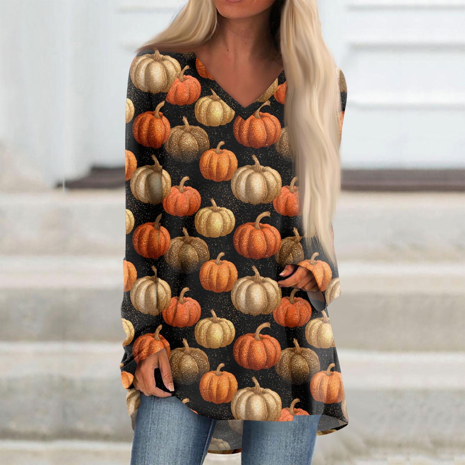 

Женская модная и повседневная футболка с принтом на Хэллоуин, с длинными рукавами, V-образным вырезом, средней длины L оранжевый