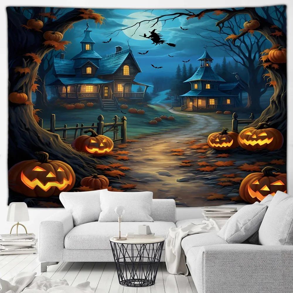 

Хеллоуїн прикраса домашньої вечірки гобелен веселий гарбуз ліхтар замок міський краєвид настінний декор вітальні кімнати 150x130cm