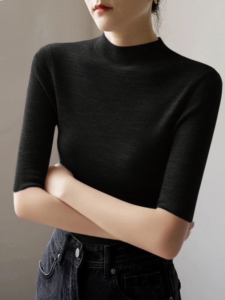 Women Mock Neck Pullover Five‑Quarter Sleeve Slim Knit Sweater Solid Color Basic Undershirt S‑3XL