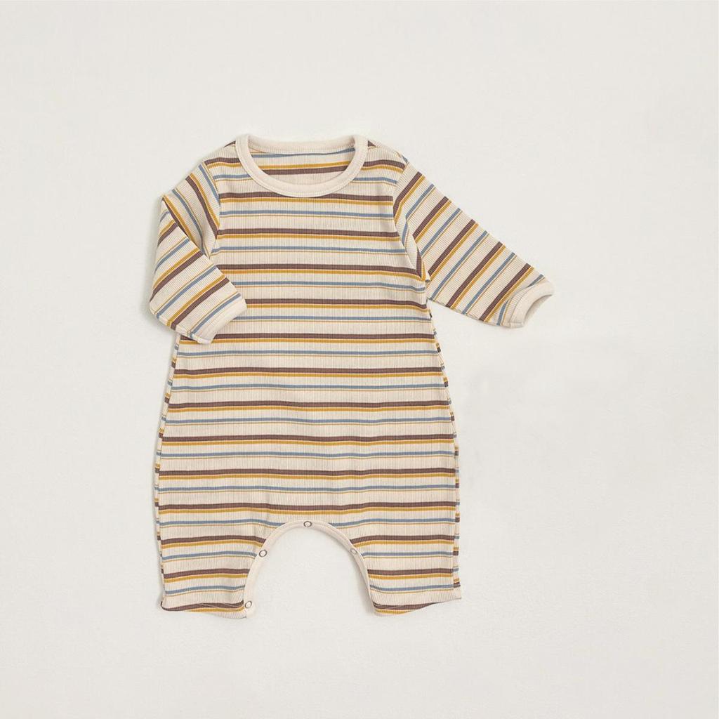 Korean-Style Ribbed Footed Romper: Colorful, Long-Sleeve, Unisex Baby Jumpsuit for Autumn.