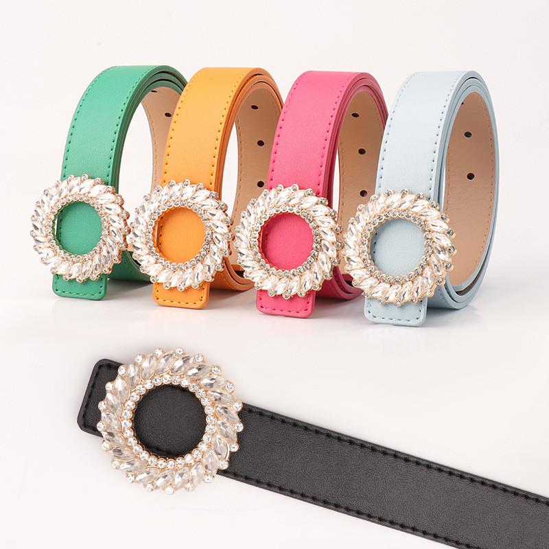 Womens Fashion Pu Leather Belt With Waterdiamond Round Buckle For Elegant Casual Wear