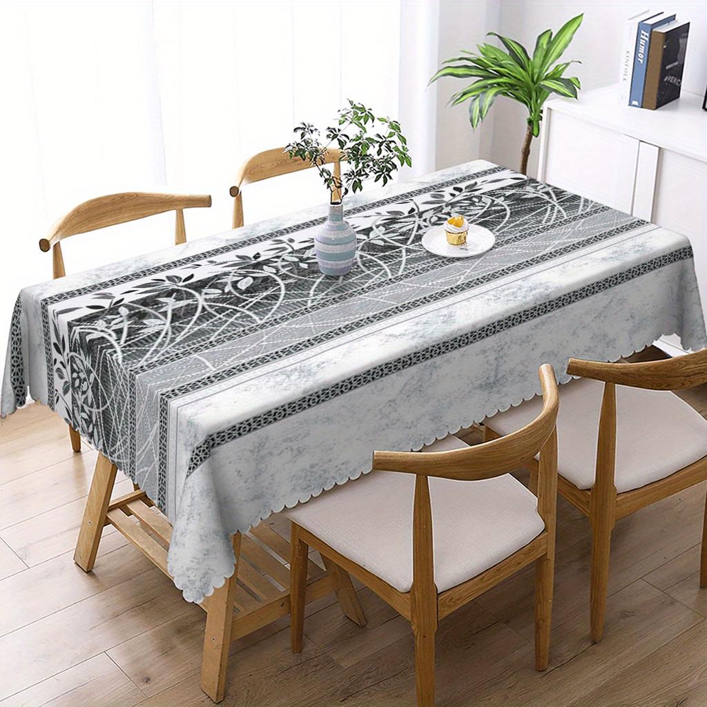 Modern Black & White Geometric Tablecloth,Abstract Lace & Leaf Print with Scalloped Edge, Stain Resistant for Dining Room & Chic