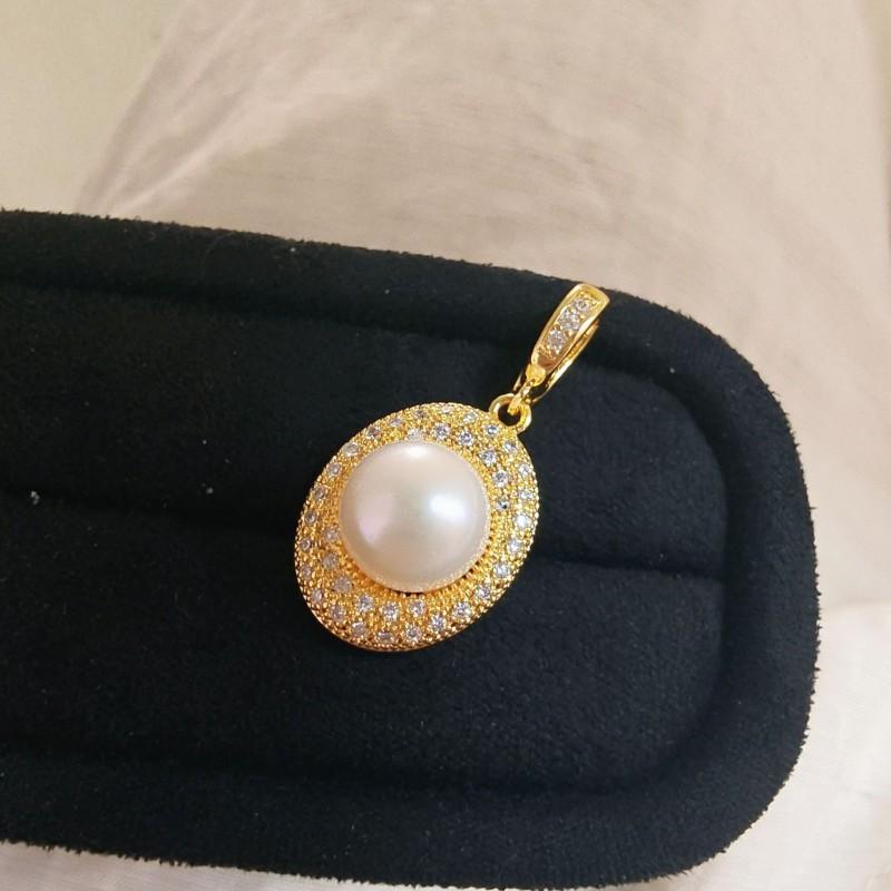 High-Quality Pearl Jewelry Set Women Zircon Stud Earrings Ring Pendant 8-9mm Freshwater