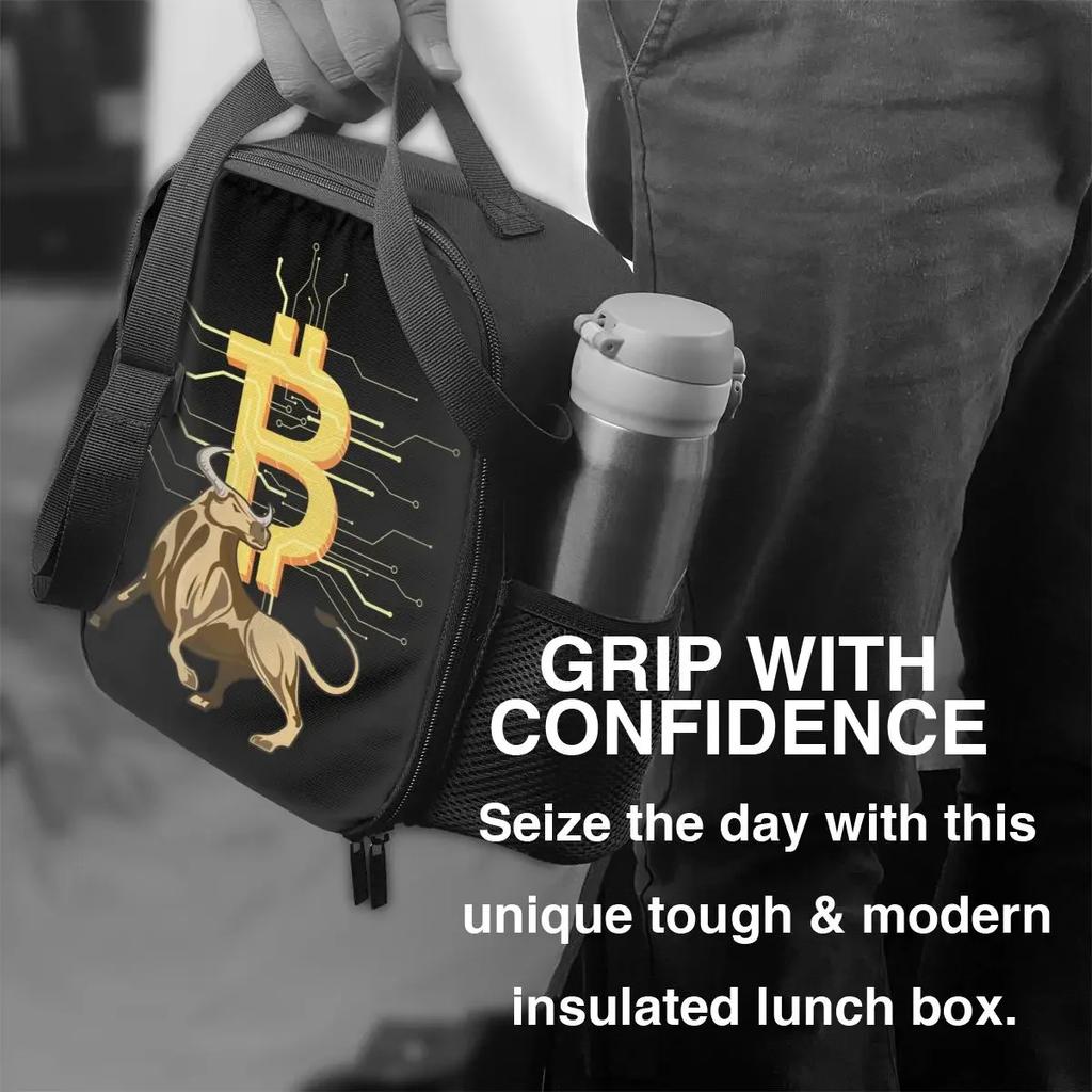 Bitcoin Bull Thermal Insulated Lunch Bags BTC Crypto Currency Portable Lunch Tote for Work School Travel Storage Bento Food Box