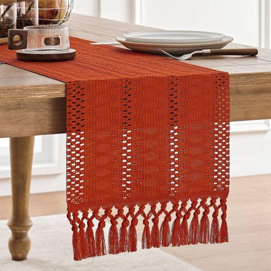 Boho Knitted Table Runner Handmade Rustic Table Runner with Tassels Cotton Linen Farmhouse Table Runner for Dining Table Sideboard Dresser Decor