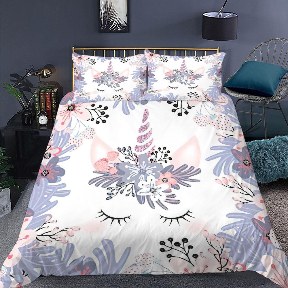 Enhörning Påslakanset King Queen Size Tecknad Färgglad Enhörning Söt Blomma Stjärna för Tonåringar Pojkar Flicka Barn Polyester Sängklädesset