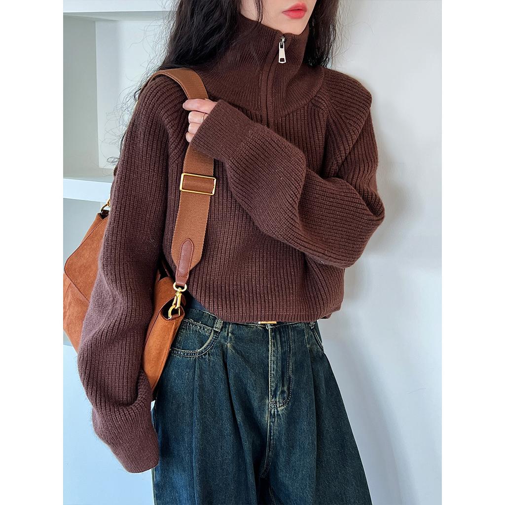 Half High Collar Zipper Red Knitted Sweater for Women Spring and Autumn High Waisted Sweater