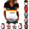 Damen T-Shirt mit kurzen Ärmeln und V-Ausschnitt mit Fußballflaggen-Print für den lässigen Alltag