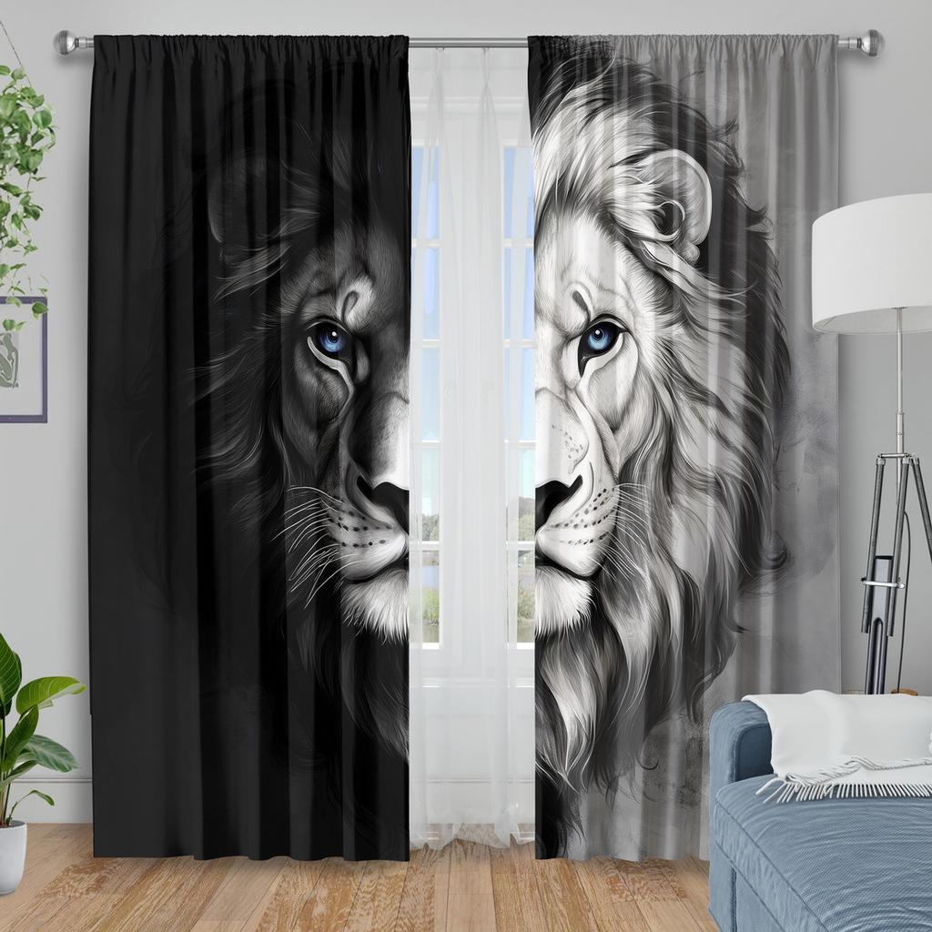 2pc Lion Print Pattern Curtains   Suitable for Bedroom   Living Room   Kitchen Curtains   Machine Washable Polyester