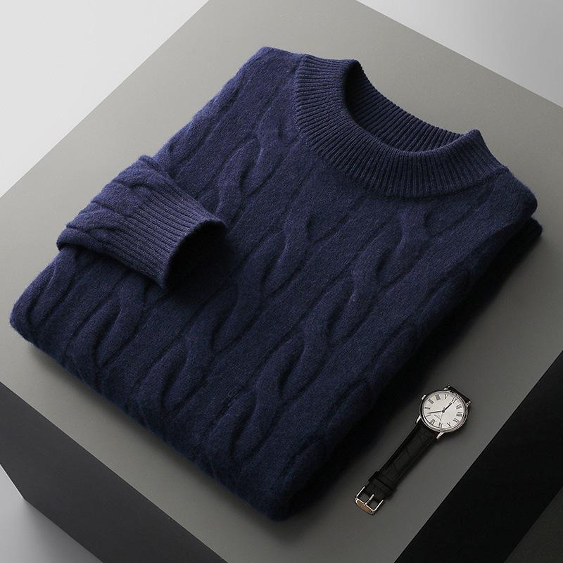 Men's Pure Wool Thick Cable Knit Sweater - Round Neck Solid Color for Autumn and Winter