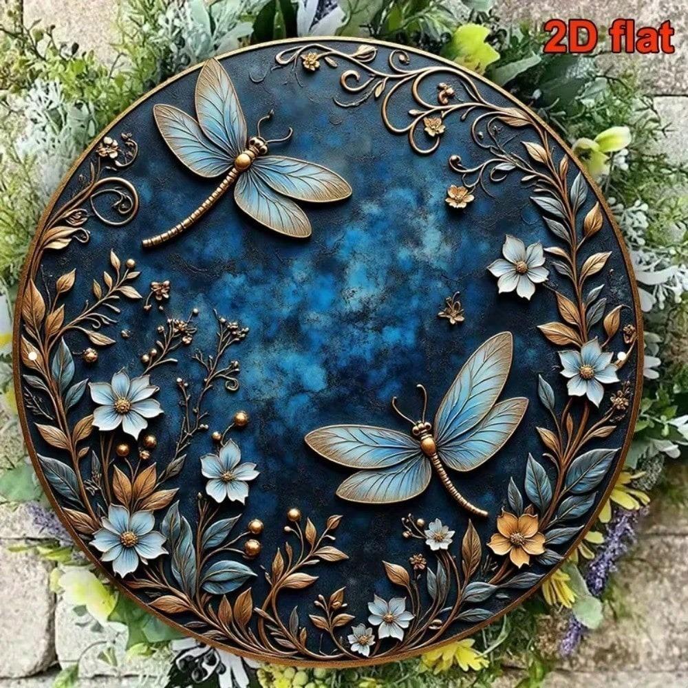 Vintage Gold Dragonfly Floral Metal Wall Art 8 Inch Retro Blue Aluminum Sign Living Room Bedroom Decor