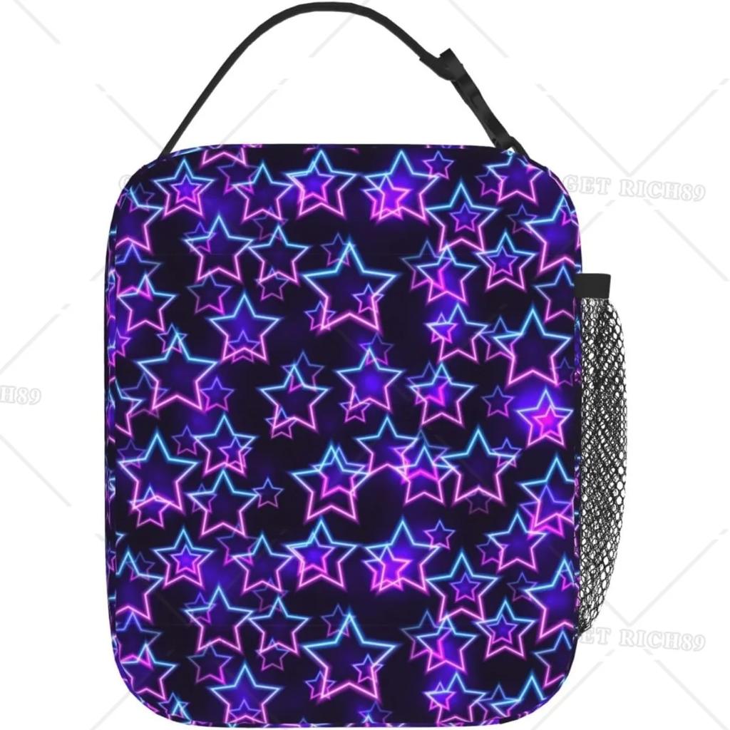 Lila und Blaue Schwebende Neonsterne Tragbare Lunchtasche Isolierte Lunchbox Wiederverwendbare Tragetaschen für Frauen Männer Arbeit Picknick Camping