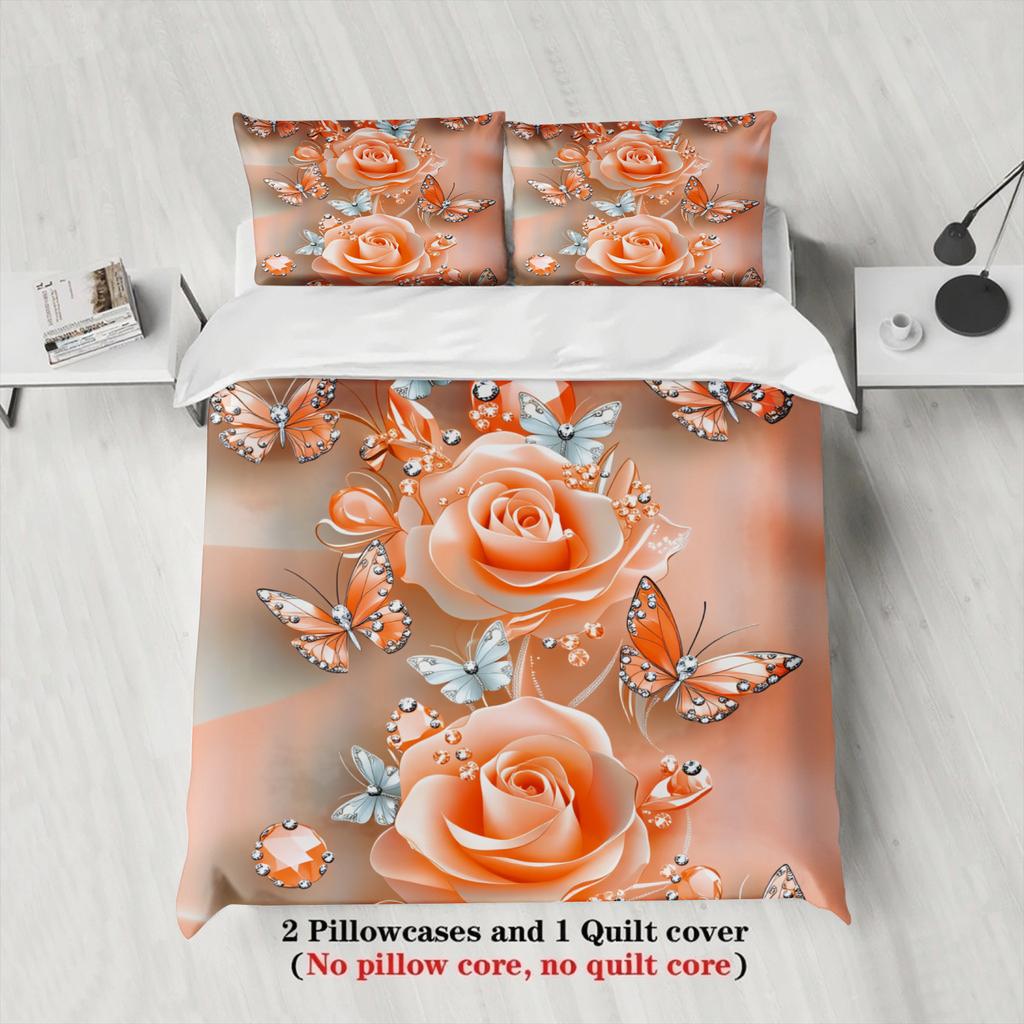 Rose And Butterfly Printed Bedding Set Peach Color Floral Design With Duvet Cover & Pillowcases For Bedroom Decor