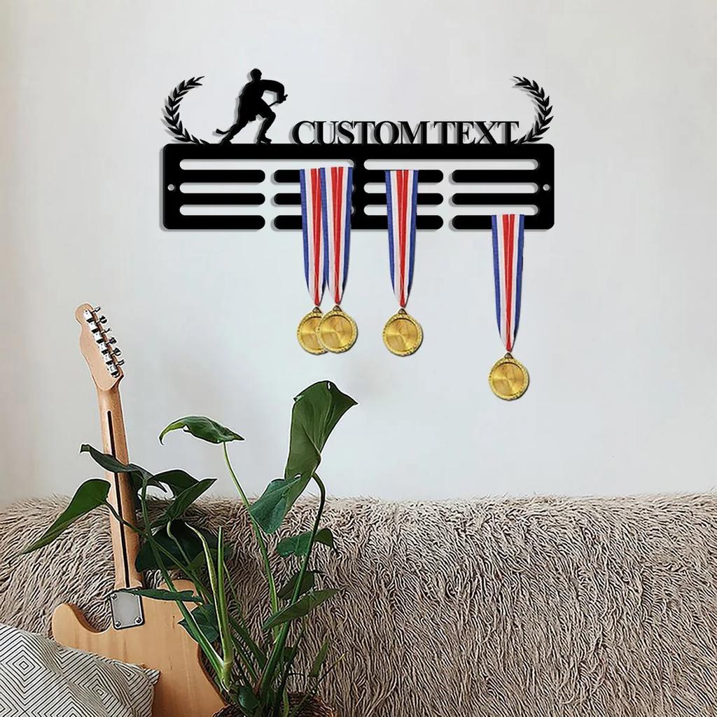 Metal Wall Art Hockey Stick Display Holder, Medal Hanger with 12 Rungs for Ribbons Awards, Sports Memorabilia Showcase for Bedroom Game Room