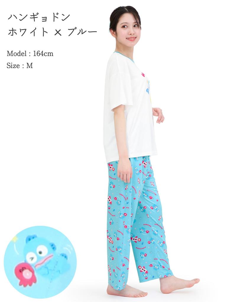 SAZAC Cosmic Hangyodon Pyjama Powder Stretch Kurzarm und Lange Hose Loungewear x Set, Stoff, Damen Set, (Weiß Blau/M/SAN1954)