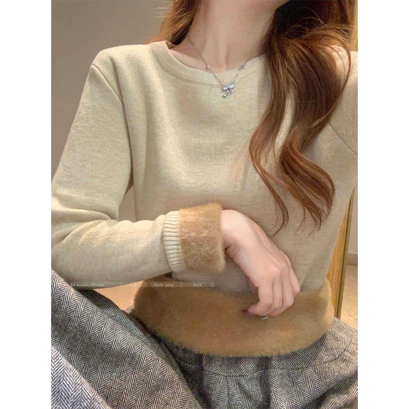 Autumn and Winter Fleece Thickened Sweater Women's Soft Waxy Warm Inner Long-sleeved Integrated Fleece Bottoming Shirt Basic Knitted Top