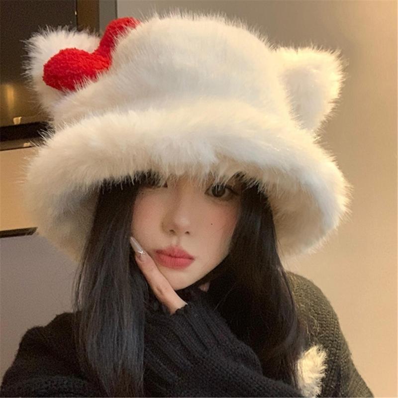 Fashionable Warm Winter Bucket Hat Furry Cats Ear Fisherman Hat For Women Girl Winter Sport Outdoor Activity Travel