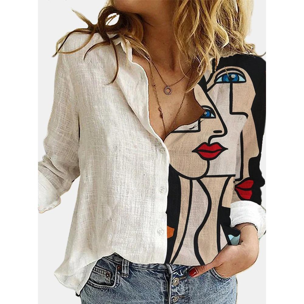 

GMXIA Модная женская свободная рубашка из бамбукового хлопка с принтом в виде головы мультфильма с длинным рукавом XXXL белый