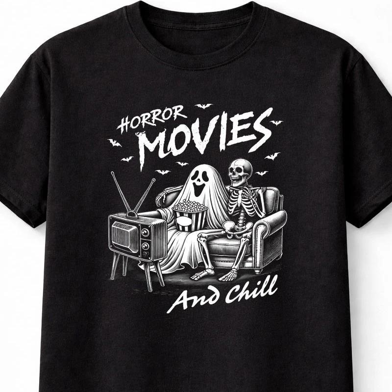 Horror Movies Chill T Shirt Funny Halloween Skeleton Graphic Unisex Tee S5XL S