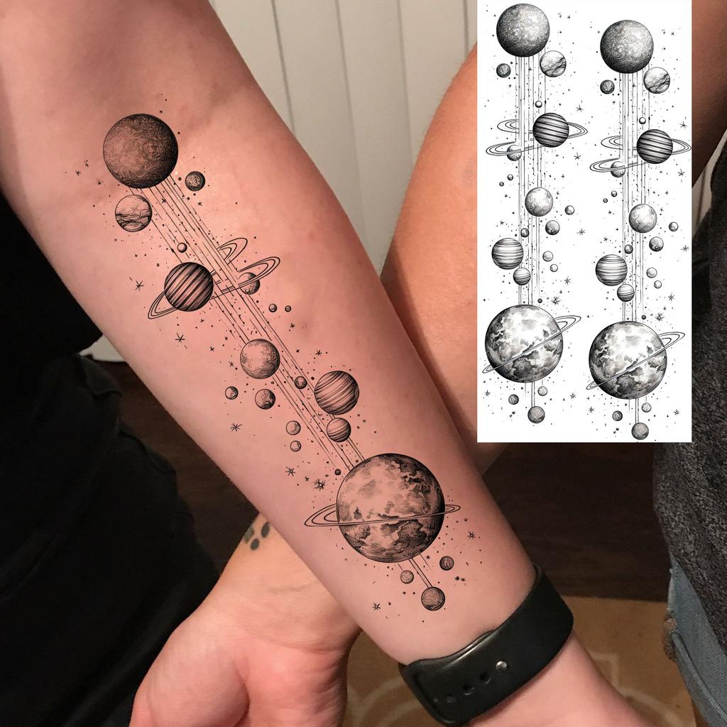 1 Sheet 3D Watercolor Universe Planets Temporary Tattoos For Men Women Long Lasting Waterproof Fake Tattoo Sticker Body Arm Art