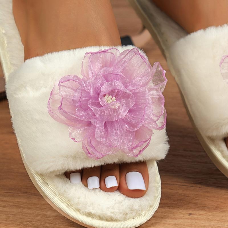 Divatos rózsaszín virágos bolyhos szőrme papucs nőknek nyitott orrú puha talpú otthoni papucs női őszi téli csúszásmentes pamut papucs