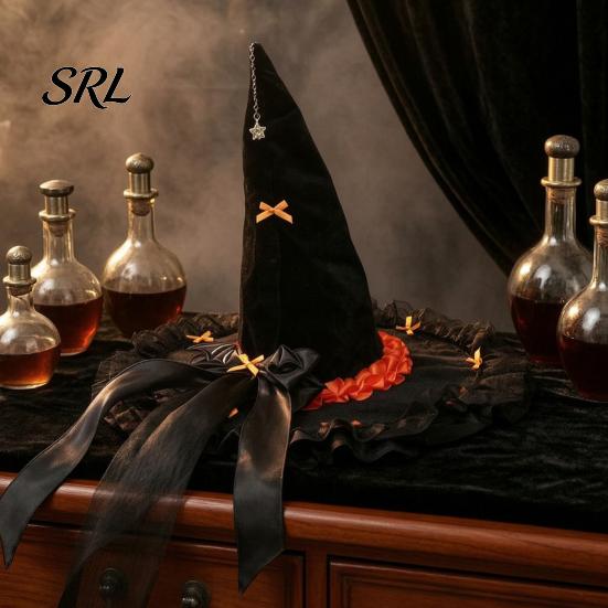 Magical Wizard Hat Halloween Witch for Women, Large Black Velvet with Durable Reusable Party Supplies Mesh Ruffle Brim Adults Costume, Cosplay Favors