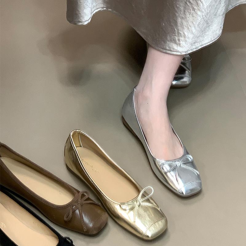 Designer Silvery Women Flats Shoes Concise Soft Leather Eelgant Butterfly-knot Mary Jane Shoes