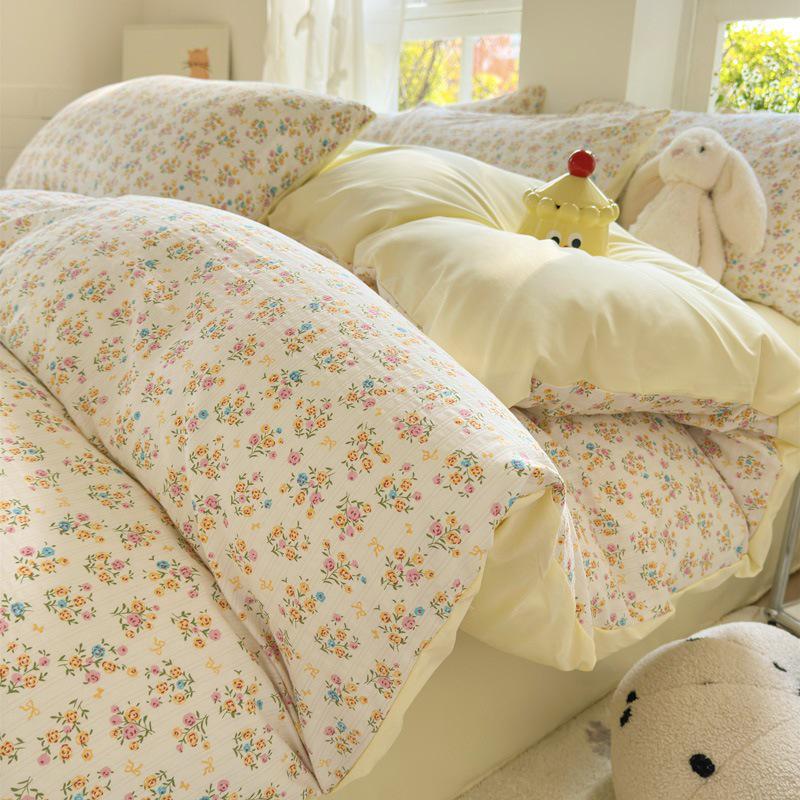 Class A Fresh Four-Piece Set: Washed Cotton Bed Sheet & Duvet Cover with Double Layer Gauze - Home Bedding Collection