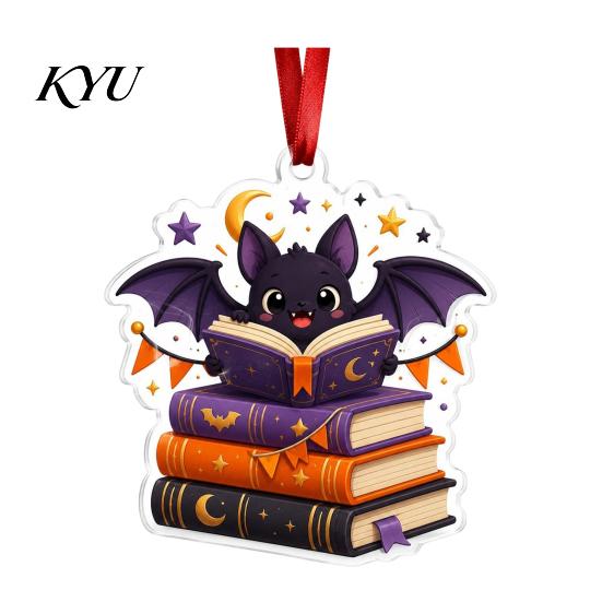 Halloween Festive Decorations Reading Ghost Hanging Ornament, Acrylic Holding Book Pumpkin Bookshelf Ornaments Black Cat Mummy Decor, 2D Cartoon