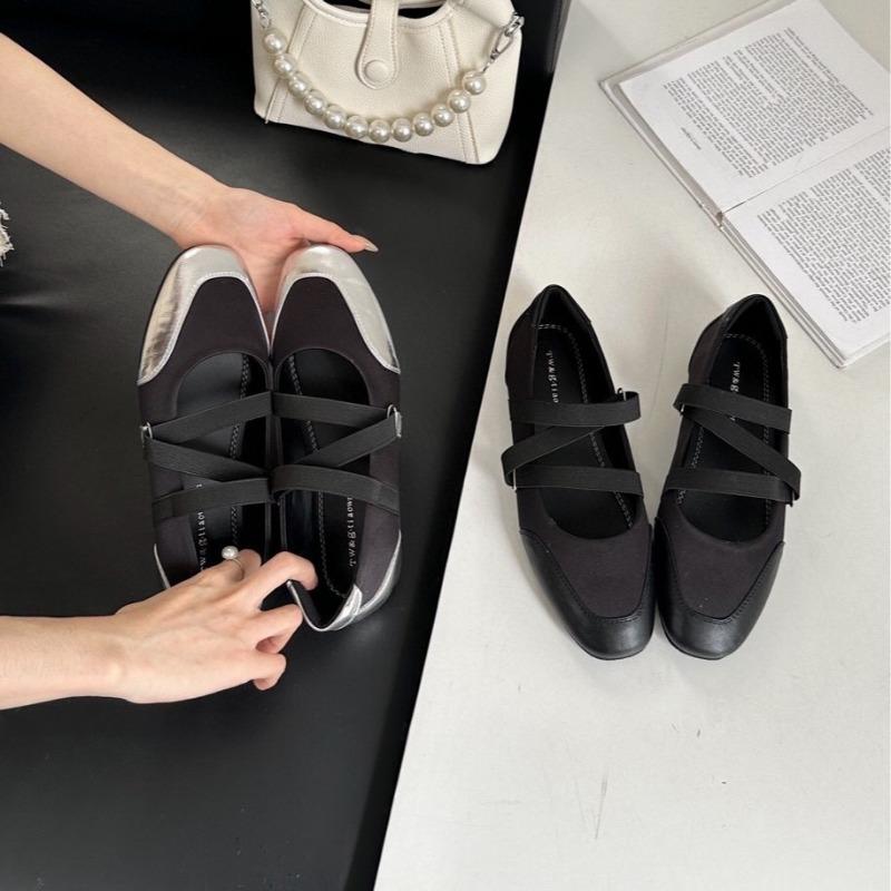 Flat shoes women's square head new spring and autumn light mouth Mary Jane ballet shoes elastic band silver soft sole single shoes